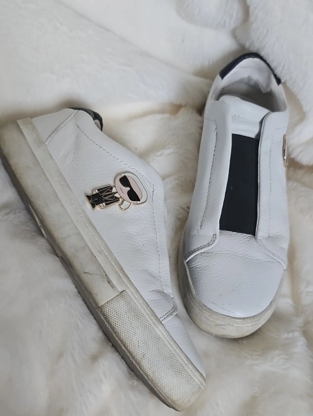 Karl Lagerfeld Paris White Leather Slip-On Sneakers – Karl Pin Accent